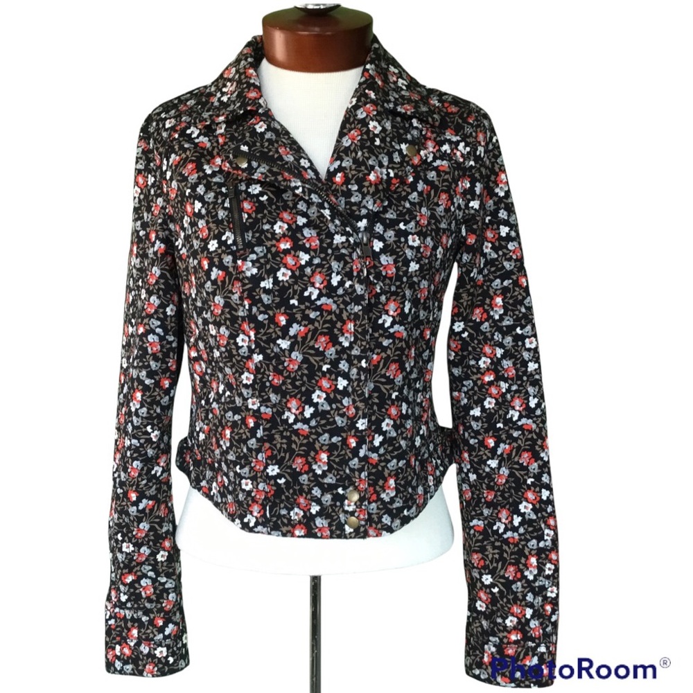Anthropologie Hei Hei Tinsley Cropped Floral Moto Bomber Jacket Offset Zipper